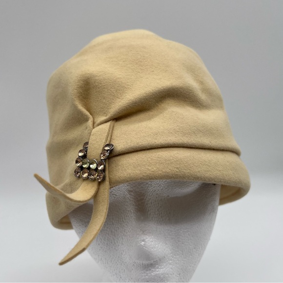Vintage Betmar Muted Yellow Wool Felt Cloche Hat Rhinestone Accent
